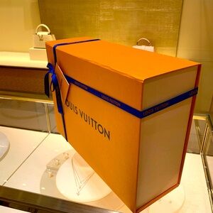Larger Louis Vuitton Orange Gift Box with Blue Ribbon, authentic, brand new.